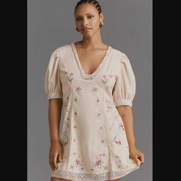 New 14 By Anthropologie embroidered linen blend puff-sleeve v-neck mini  dress Dresses